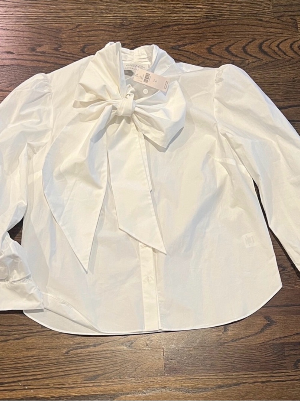 Anthropologie White Bow Tie Puff Sleeve Blouse